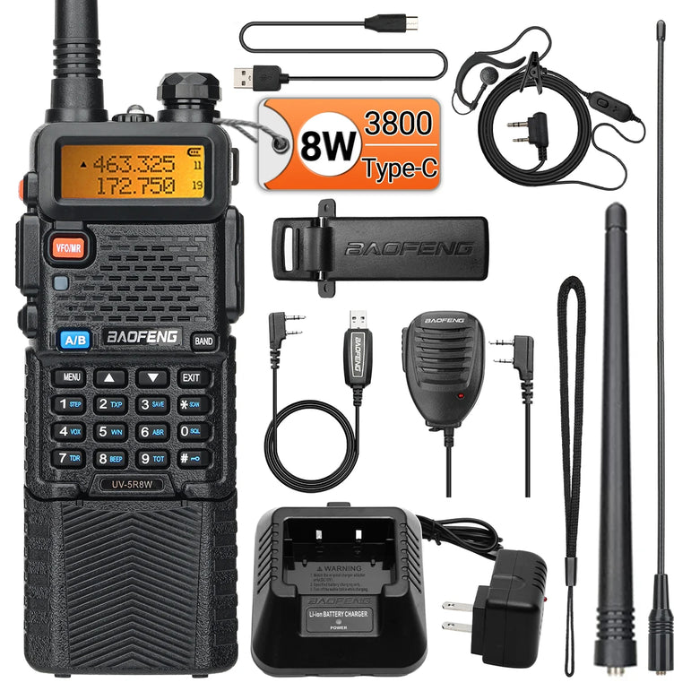 Baofeng UV-5R 8W Long Range Walkie Talkie 3800mAh Type-c Ham Amateur Communication Two Way Radio for Adults Camping