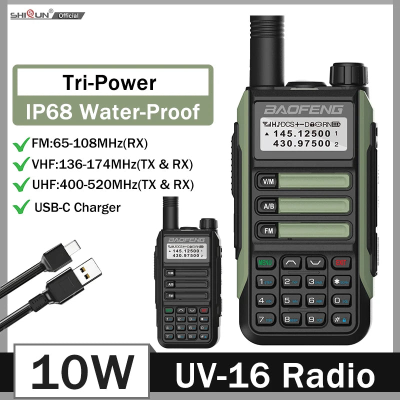 BaoFeng UV16 Walkie-Talkie 8/10W Tri-Power IP68 Waterproof Long Range USB C Dual Band VHF UHF Two Way Portable Ham Two Way Radio