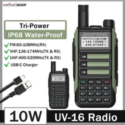 BaoFeng UV16 Walkie-Talkie 8/10W Tri-Power IP68 Waterproof Long Range USB C Dual Band VHF UHF Two Way Portable Ham Two Way Radio
