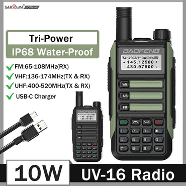 BaoFeng UV16 Walkie-Talkie 8/10W Tri-Power IP68 Waterproof Long Range USB C Dual Band VHF UHF Two Way Portable Ham Two Way Radio