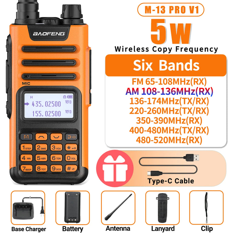 BaoFeng M-13 PRO V1 V2 High Power Multi Band Walkie Talkie Type C Charger Long Range Upgraded UV-13 PRO V1 V2 Ham Two Way Radio