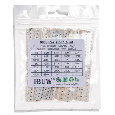 33ValuesX 20pcs=660pcs 0603 0805 1206 Resistor Kit Assorted 1R To 1M Ohm 1% SMD Sample Kit DIY 3.3R 5.1R 10R 47R 62R 82R 1K 10K