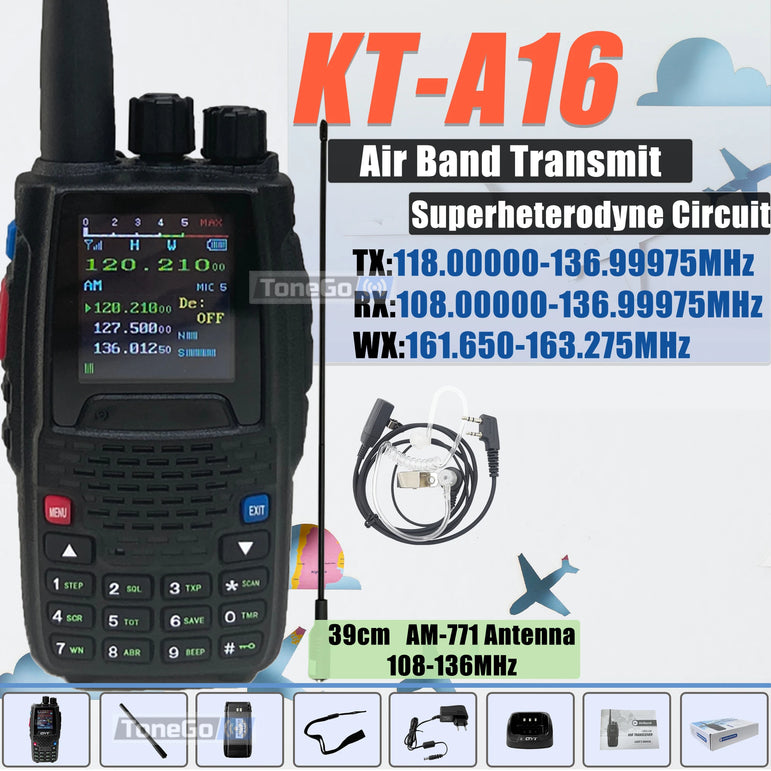 Air Band Transmit KT-A16 Walkie Talkie TX:108.000-136.999MHz RX:108.0000-136.999MHz 6W 200Ch W/10 NOAA Weather Forecast Channels