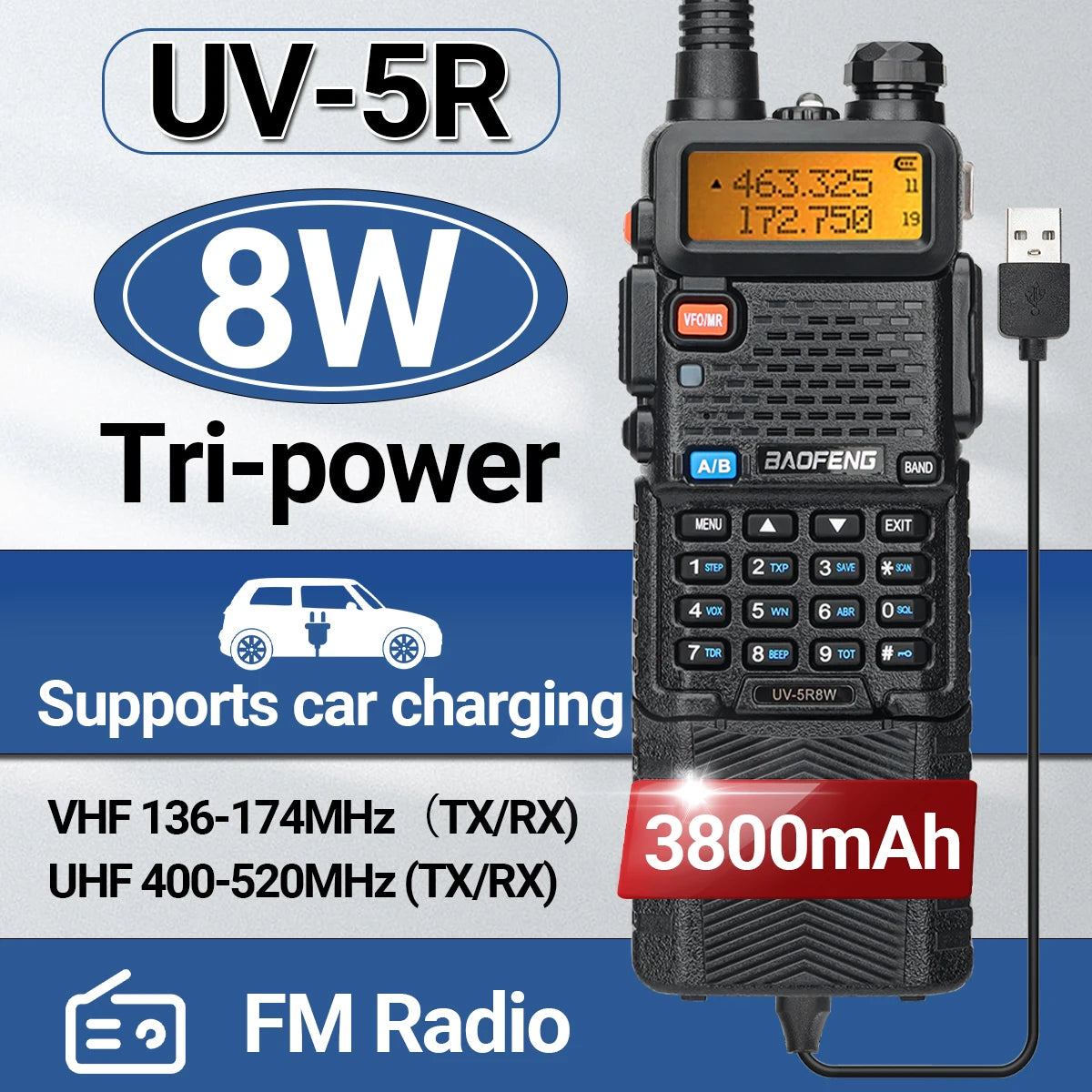 Baofeng UV-5R 8W Long Range Walkie Talkie 3800mAh Type-c Ham Amateur Communication Two Way Radio for Adults Camping