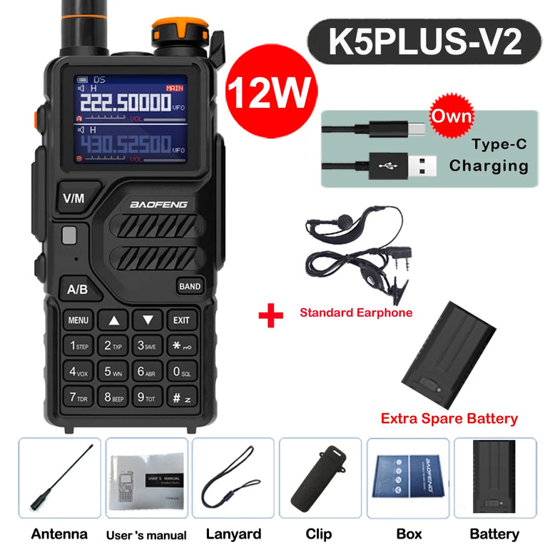Baofeng 12W UV K5 Plus V2 Walkie Talkie Air Band AM Two Way Comumicador Station Amateur Ham Wireless Receiver Portable Radios