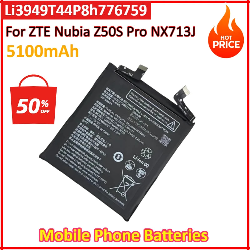 5100mAh New Li3949T44P8h776759 Battery For ZTE Nubia Z50S Pro NX713J Mobile Phone 1ICP6/68/74 Mobile Phone Batteries