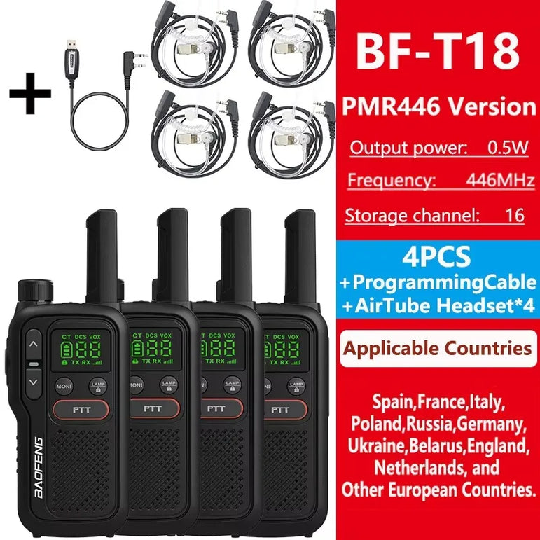 Baofeng BF-T18 PMR446 Walkie Talkie Type-C Charge European 446MHz 16 Channels Long Range Upgraded BF-T20 Mini Two Way Ham Radios