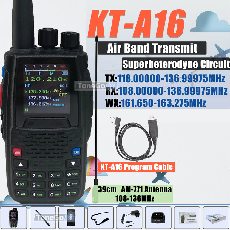 Air Band Transmit KT-A16 Walkie Talkie TX:108.000-136.999MHz RX:108.0000-136.999MHz 6W 200Ch W/10 NOAA Weather Forecast Channels