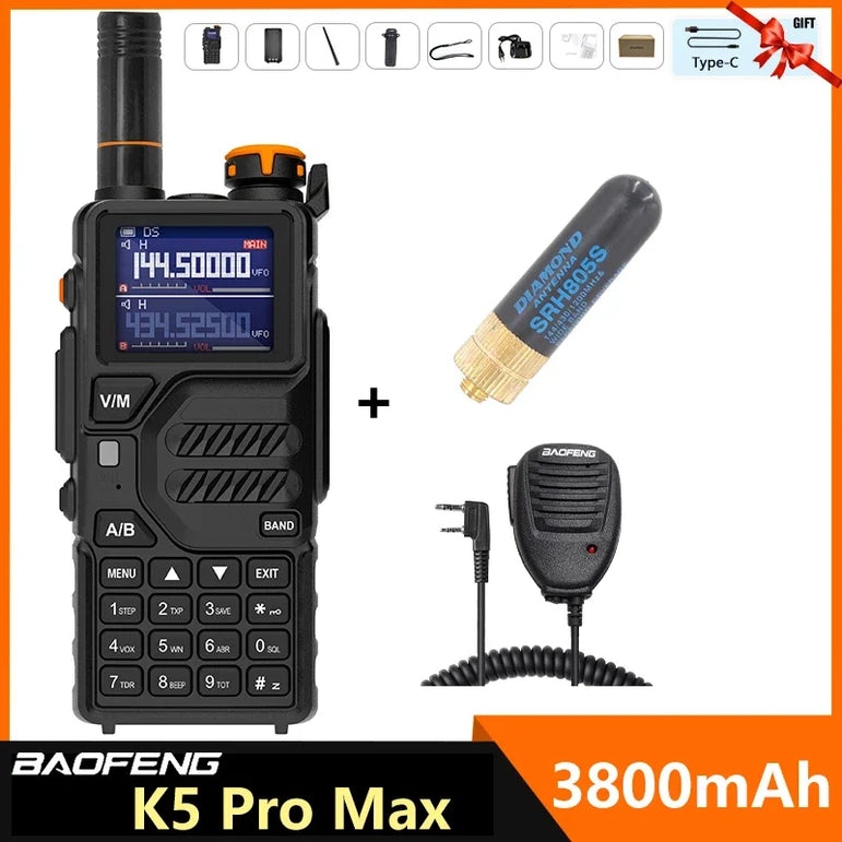 Baofeng K5 Pro Max Walkie Talkie 12W High Capacity UHF VHF AM FM Two Way Radio UVK5 Full Band LCD Noise Reduction DTMF Ham Radio