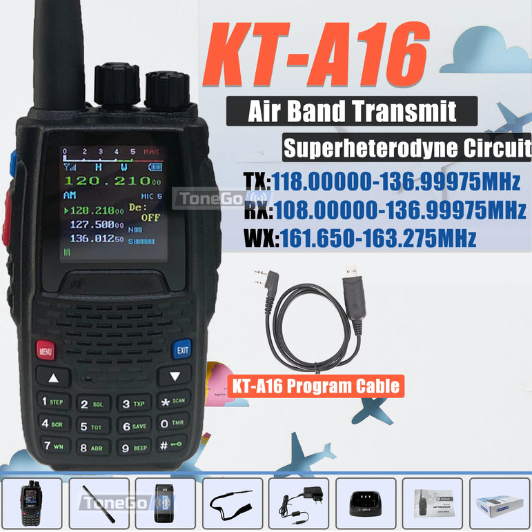 Air Band Transmit KT-A16 Walkie Talkie TX:108.000-136.999MHz RX:108.0000-136.999MHz 6W 200Ch W/10 NOAA Weather Forecast Channels