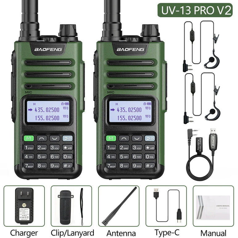 2PCS BAOFENG UV13 Pro V2 10W Waterproof Walkie Talkie UHF/VHF Dual Band UV13PRO with Typ-C Cable Upgrade of UV-10R Two Way Radio