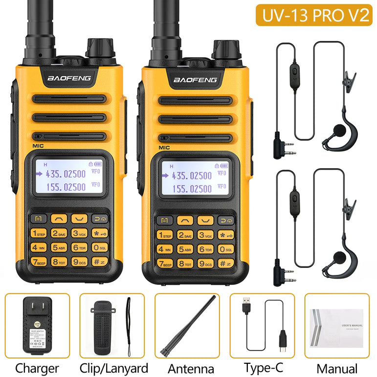 2PCS BAOFENG UV13 Pro V2 10W Waterproof Walkie Talkie UHF/VHF Dual Band UV13PRO with Typ-C Cable Upgrade of UV-10R Two Way Radio