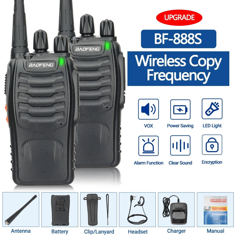 2PCS New Baofeng BF-888S Pro Upgrade Walkie Talkie Wireless Copy Frequency Long Range Portable BF888S Ham Two Way Radio Hunting