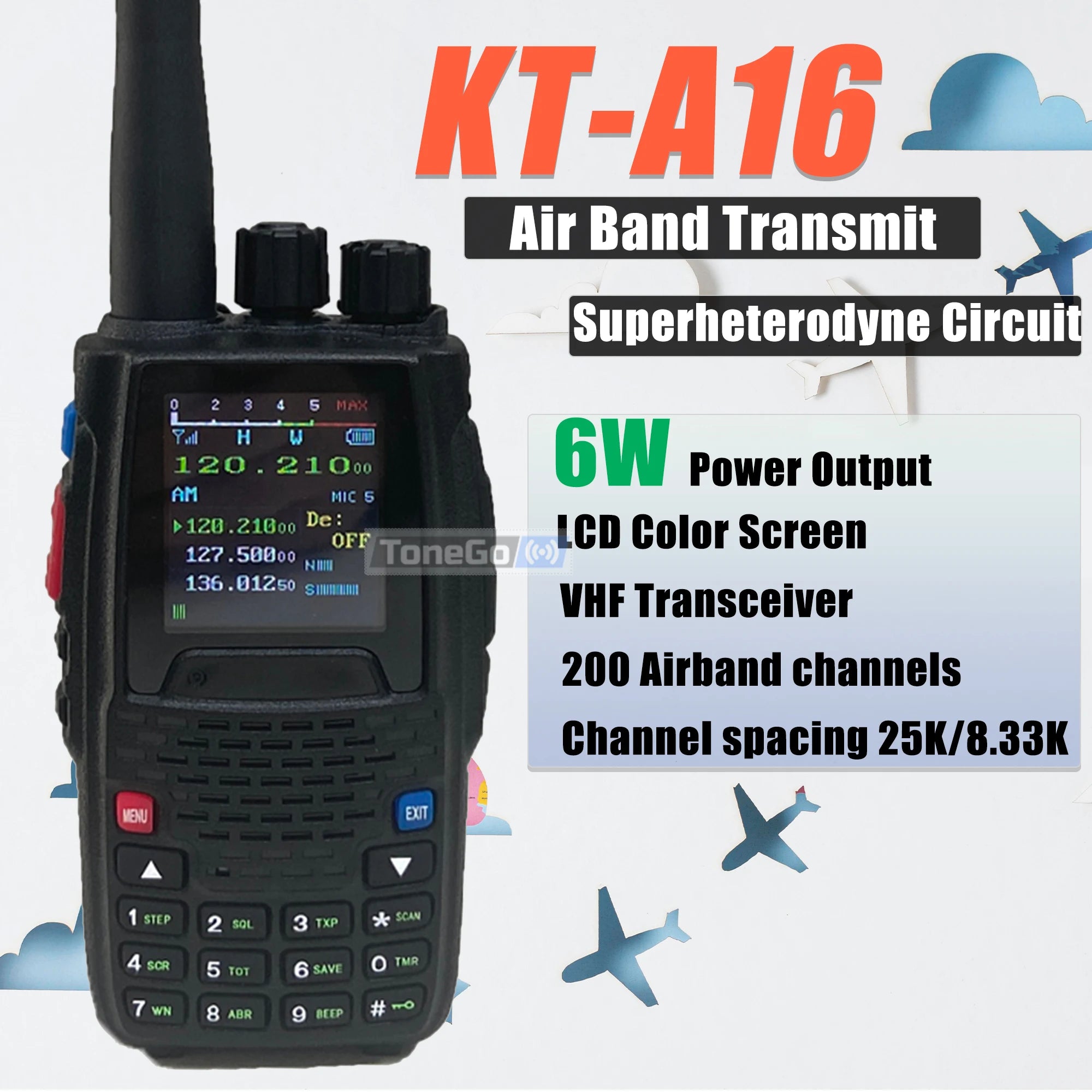Air Band Transmit KT-A16 Walkie Talkie TX:108.000-136.999MHz RX:108.0000-136.999MHz 6W 200Ch W/10 NOAA Weather Forecast Channels