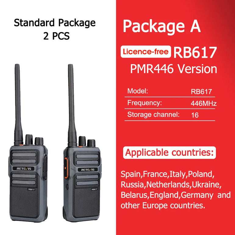RETEVIS Walkie Talkie PMR RB617 Two-way Radio ht Communicator RB17 PTT Walkie-Talkies 2 pcs 4400mAh for Hunting Hotel Restaurant