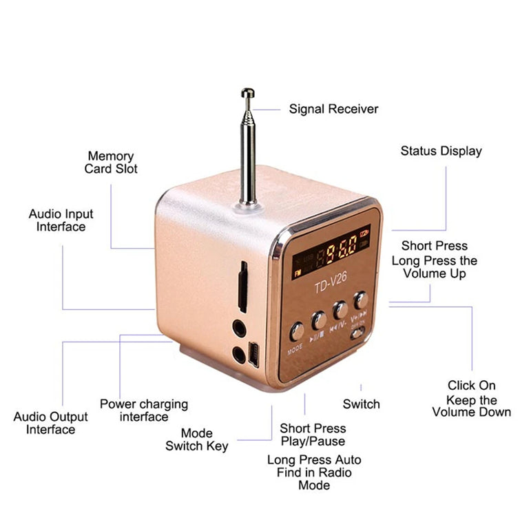 TD-V26 Mini Speaker  FM Radio Receiver MP3 Music Player LCD soundbar Micro SD TF Music Stereo Loudspeaker