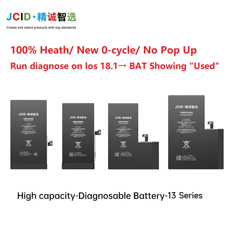 JCID Diagnostic Battery High Capacity For Iphone 12 13 14 100% Heath Visible New 0-cycle No Pop Up Used Genuine Parts On IOS 18