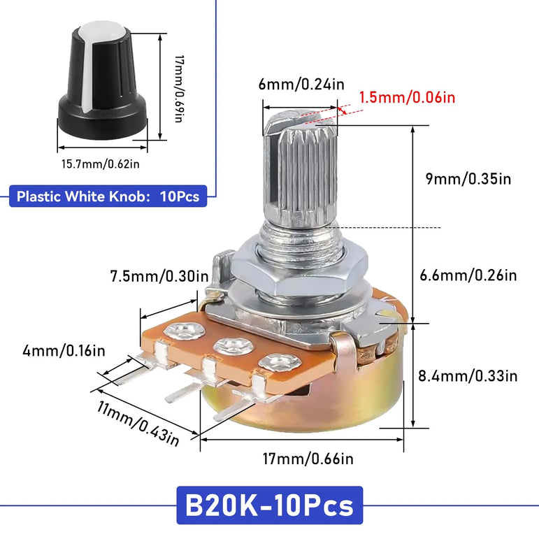 10sets  Potentiometer,WH148 Single-Joint Potentiometers With Rotary Knob B1K/2K/5K/10K/20K/50K/100K/250K/500K/1M