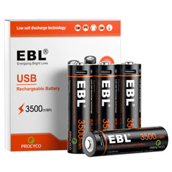 EBL Rechargeable 1.5V AA 3500mWh Lithium Batteries with USB Cable Li-ion Battery 1600+ Cycles For Remote Control Toy