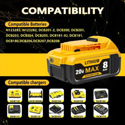 8.0Ah 20V Lithium-Ion Replacement Batteries for Dewalt Cordless Tools - Compatible with DCB200, DCB205, DCB206 & More