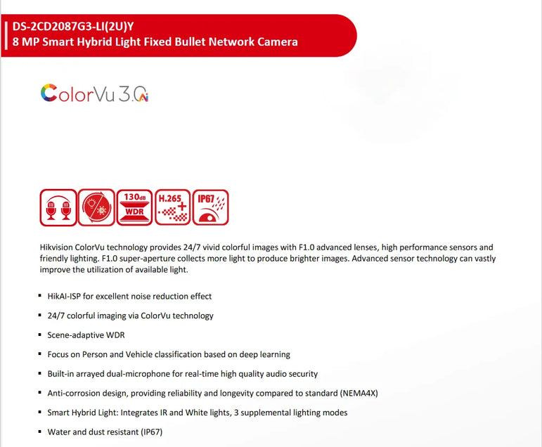 2025 NEW Original Hikvision DS-2CD2087G3-LI2UY 4K 8MP Smart Hybrid Light with ColorVu Fixed Mini Bullet Network Camera HikAI-ISP