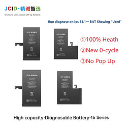 JCID Diagnostic Battery High Capacity For Iphone 12 13 14 100% Heath Visible New 0-cycle No Pop Up Used Genuine Parts On IOS 18
