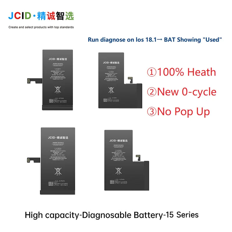 JCID Diagnostic Battery High Capacity For Iphone 12 13 14 100% Heath Visible New 0-cycle No Pop Up Used Genuine Parts On IOS 18