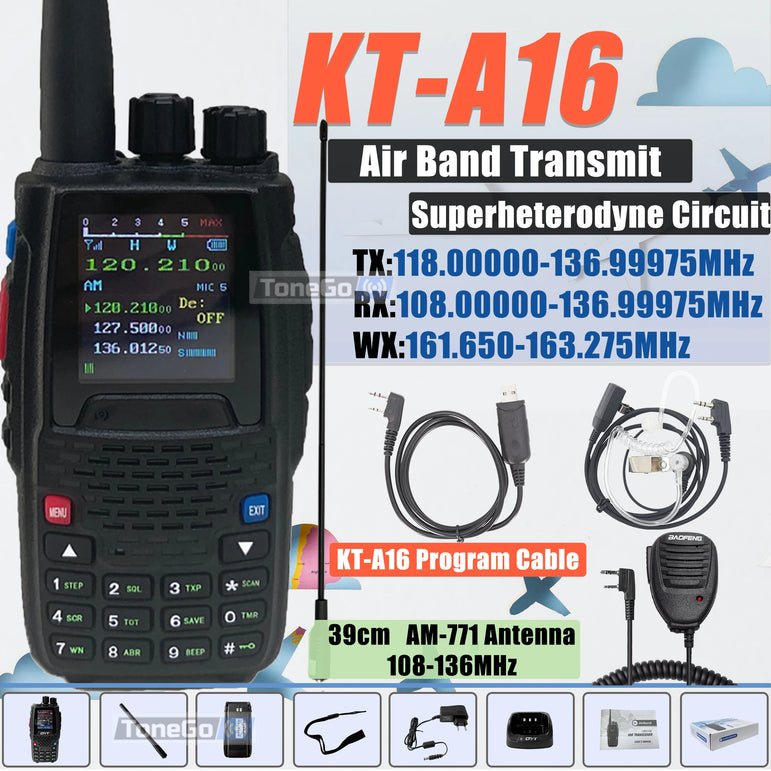 Air Band Transmit KT-A16 Walkie Talkie TX:108.000-136.999MHz RX:108.0000-136.999MHz 6W 200Ch W/10 NOAA Weather Forecast Channels