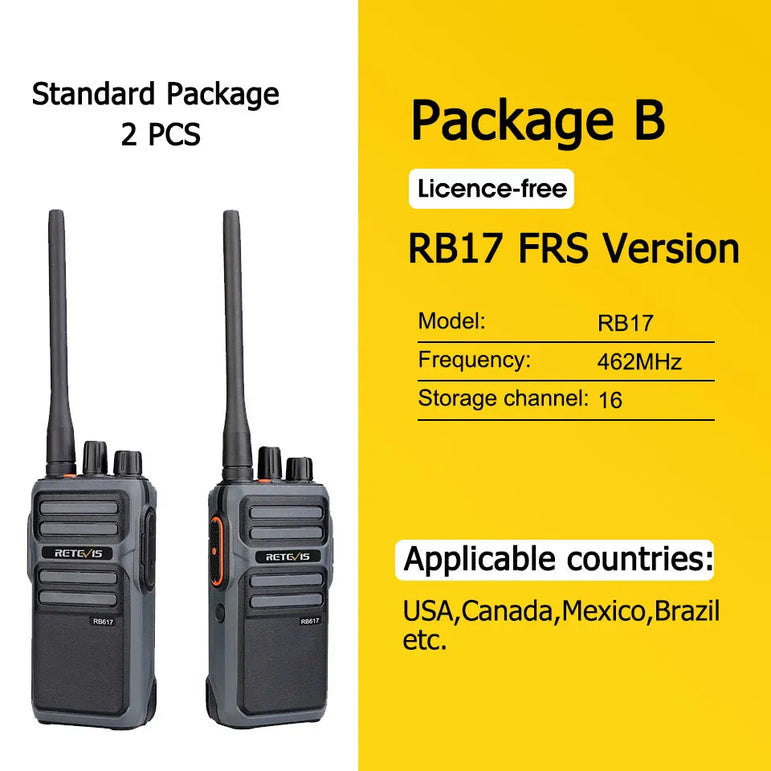 RETEVIS Walkie Talkie PMR RB617 Two-way Radio ht Communicator RB17 PTT Walkie-Talkies 2 pcs 4400mAh for Hunting Hotel Restaurant
