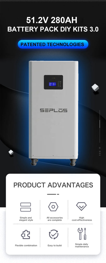 US Stock 3.0 Seplos 51.2V 280AH 310AH 320AH Lifepo4 Battery Kits CAN RS485 BMS 2A Active Balancer DIY Case Home Solar