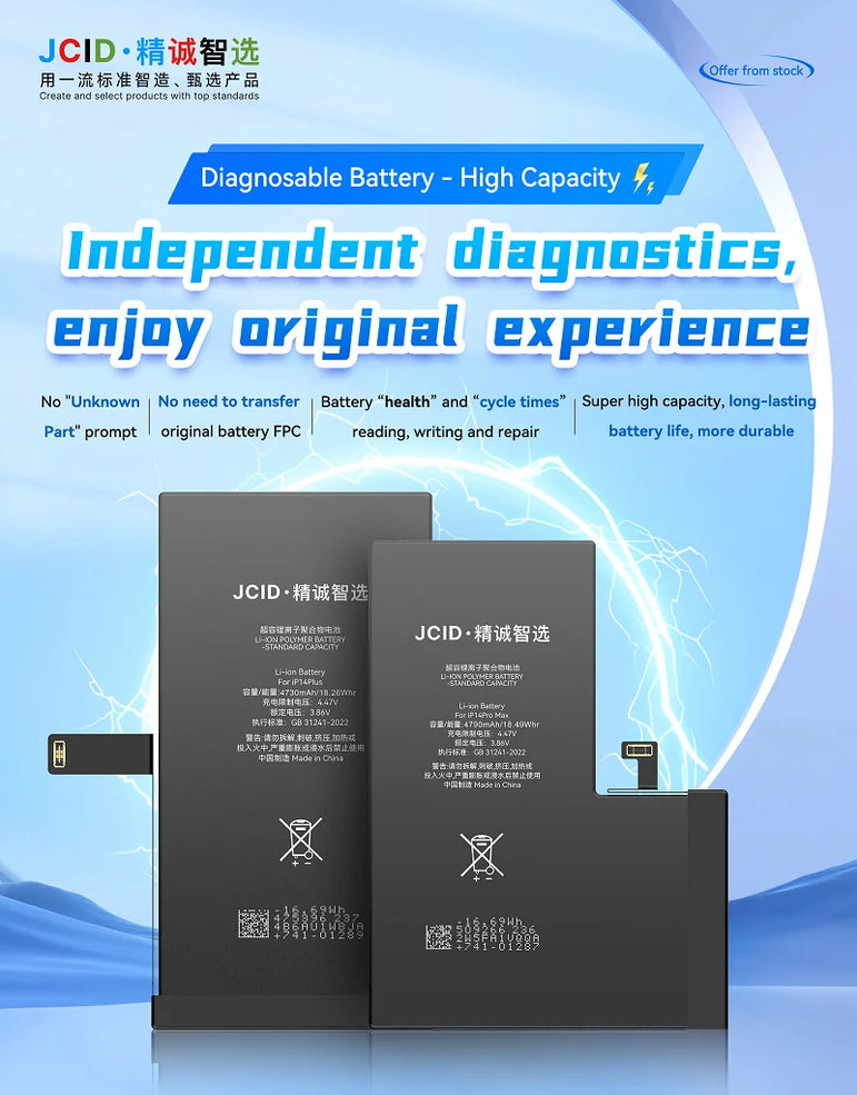 JCID Diagnostic Battery High Capacity For Iphone 12 13 14 100% Heath Visible New 0-cycle No Pop Up Used Genuine Parts On IOS 18