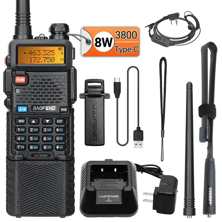 Baofeng UV-5R 8W Long Range Walkie Talkie 3800mAh Type-c Ham Amateur Communication Two Way Radio for Adults Camping