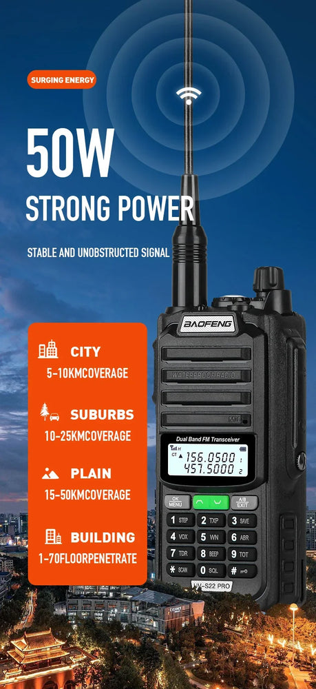 Baofeng UV-S22 PRO V2 IP68 Waterproof Walkie Talkie Dual Band 136-174/400-520MHz Ham Radio 10W Power 50KM Range 128CH FM Radio