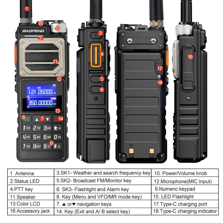 Baofeng UV-25 Walkie Talkie Air Band Receiving Scrambler Multi-band FM Vox 10W 999Ch Amateur Radio W/ Type-C 5200mAh Battery