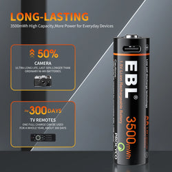 EBL Rechargeable 1.5V AA 3500mWh Lithium Batteries with USB Cable Li-ion Battery 1600+ Cycles For Remote Control Toy