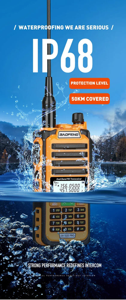 Baofeng UV-S22 PRO V2 IP68 Waterproof Walkie Talkie Dual Band 136-174/400-520MHz Ham Radio 10W Power 50KM Range 128CH FM Radio