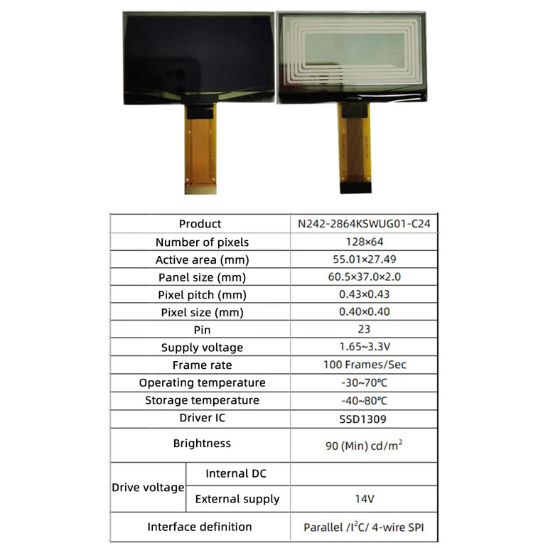 2.42 1.54 Inch OLED Monochrome Display SSD1309 Resolution 23pin SPI Dot Matrix 128*64 Yellow/Blue/Green/White LCD Screen