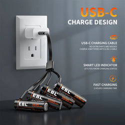 EBL Rechargeable 1.5V AA 3500mWh Lithium Batteries with USB Cable Li-ion Battery 1600+ Cycles For Remote Control Toy