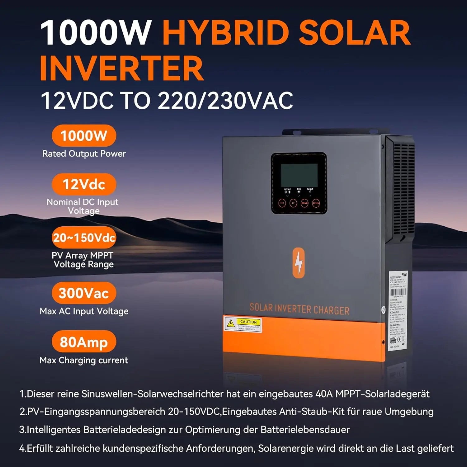 PowMr 1KW 12V Hybrid Solar Inverter 1.5KW 24V Off Grid Pure Sine Wave Inverter with MPPT 80A Solar Charge Controller For Battery