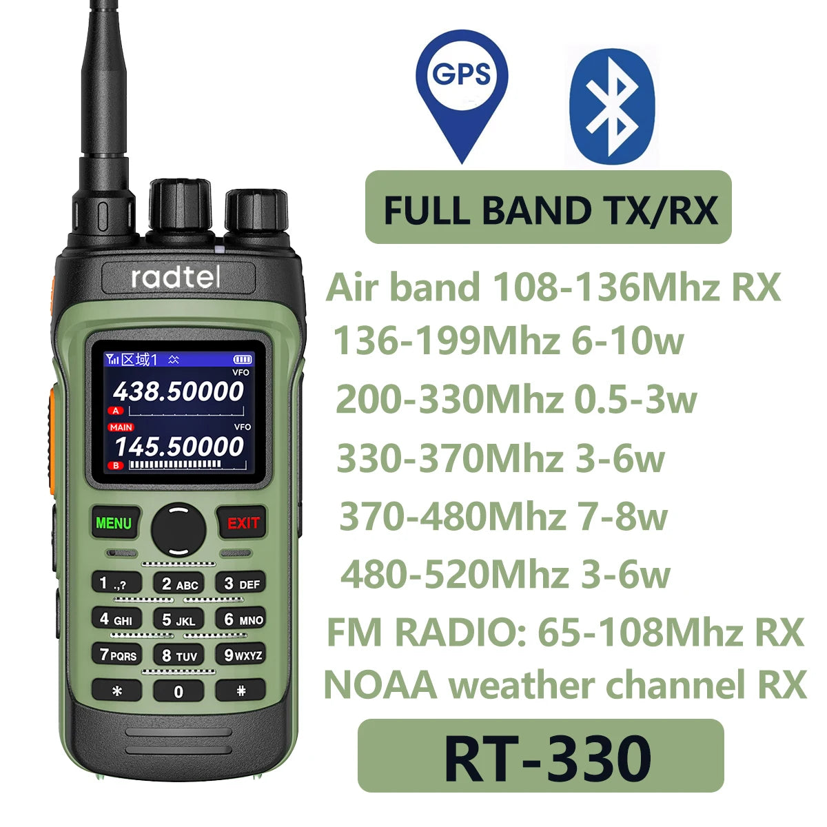 Radtel RT-330 10W Gps Bluetooth App Programming Amateur Radio Power Full Band 136-520MHz TX RX Aviation Frequency  Receive NOAA