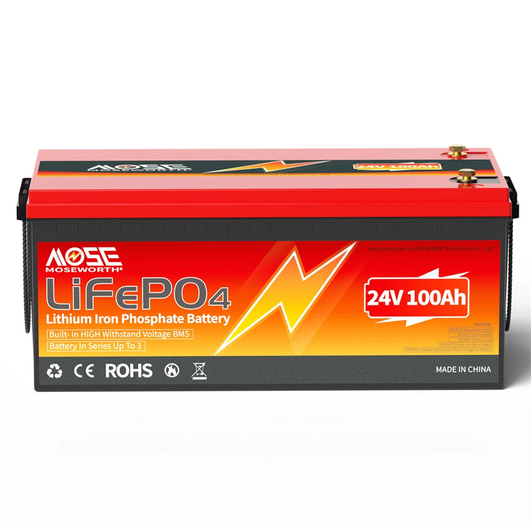 MOSEWORTH 24V 100Ah LiFePO4 Lithium Battery with 100A BMS 8000+ Deep Cycles Rechargeable Batteries for  Campers Trolling Motor