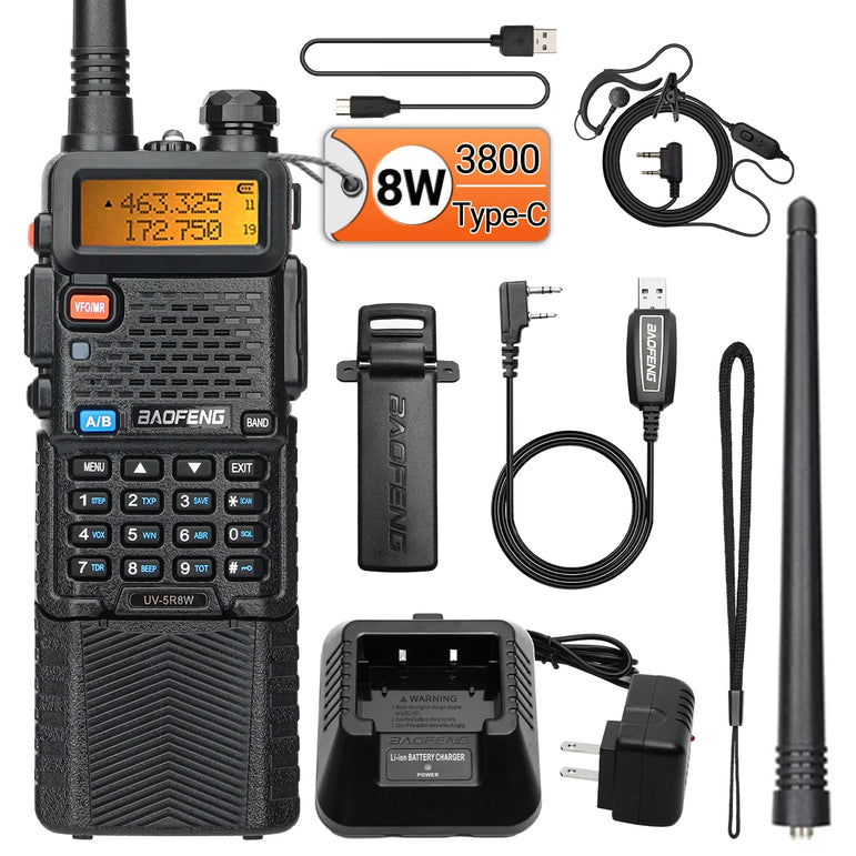 Baofeng UV-5R 8W Long Range Walkie Talkie 3800mAh Type-c Ham Amateur Communication Two Way Radio for Adults Camping
