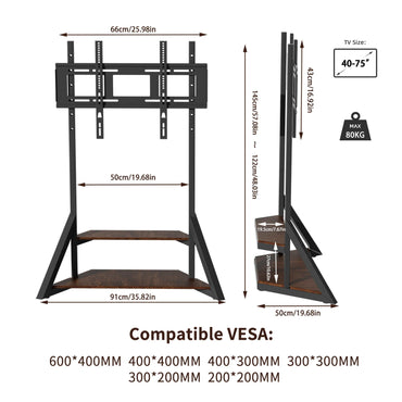 Adjustable Height Rolling Floor TV Stand Industrial Television TV Mount for 40-75 LCD LED Max Load 80KG
