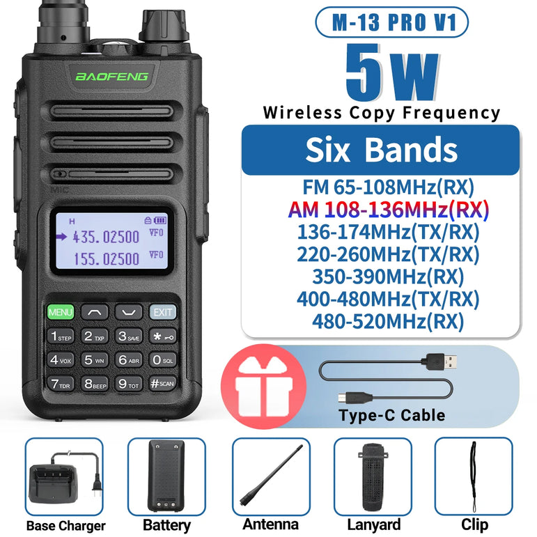 BaoFeng M-13 PRO V1 V2 High Power Multi Band Walkie Talkie Type C Charger Long Range Upgraded UV-13 PRO V1 V2 Ham Two Way Radio