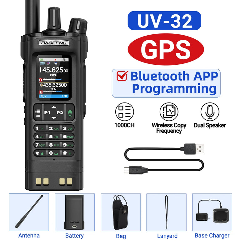 BAOFENG UV-32 Walkie Talkie GPS Multi Band 10W Bluetooth Wireless Programming Copy Frequency 1000CH Long Range Ham Two Way Radio