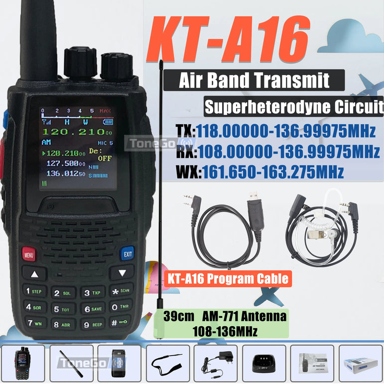 Air Band Transmit KT-A16 Walkie Talkie TX:108.000-136.999MHz RX:108.0000-136.999MHz 6W 200Ch W/10 NOAA Weather Forecast Channels