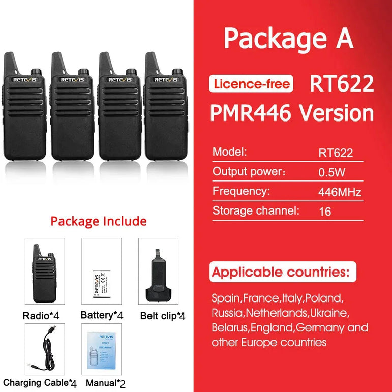 RETEVIS 2 pcs Mini Walkie Talkie PMR 446 Portable Two-way Radio ht PTT Walkie-talkies RT622 Portable Radio for Hunting Cafe RT22