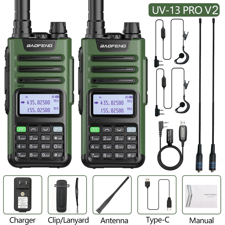 2PCS BAOFENG UV13 Pro V2 10W Waterproof Walkie Talkie UHF/VHF Dual Band UV13PRO with Typ-C Cable Upgrade of UV-10R Two Way Radio