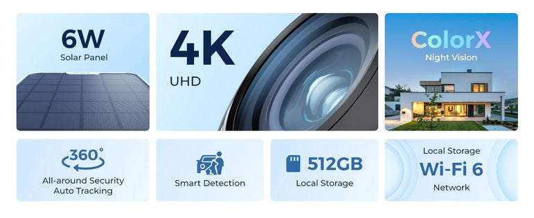 Reolink 4K Solar WiFi Security Camera Long Lasting 360° PT Auto Tracking Wireless ColorX Night Vision Dual-Band WiFi 6 IP Camera