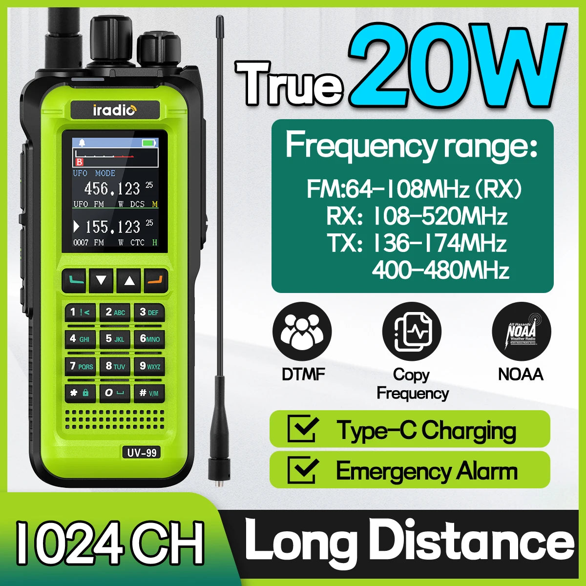 Iradio UV-99 20W Air Band Walkie Talkie Mutli Band High Power FM NOAA 1024CH Wireless Copy Frequency Long Range Type-C Ham Radio